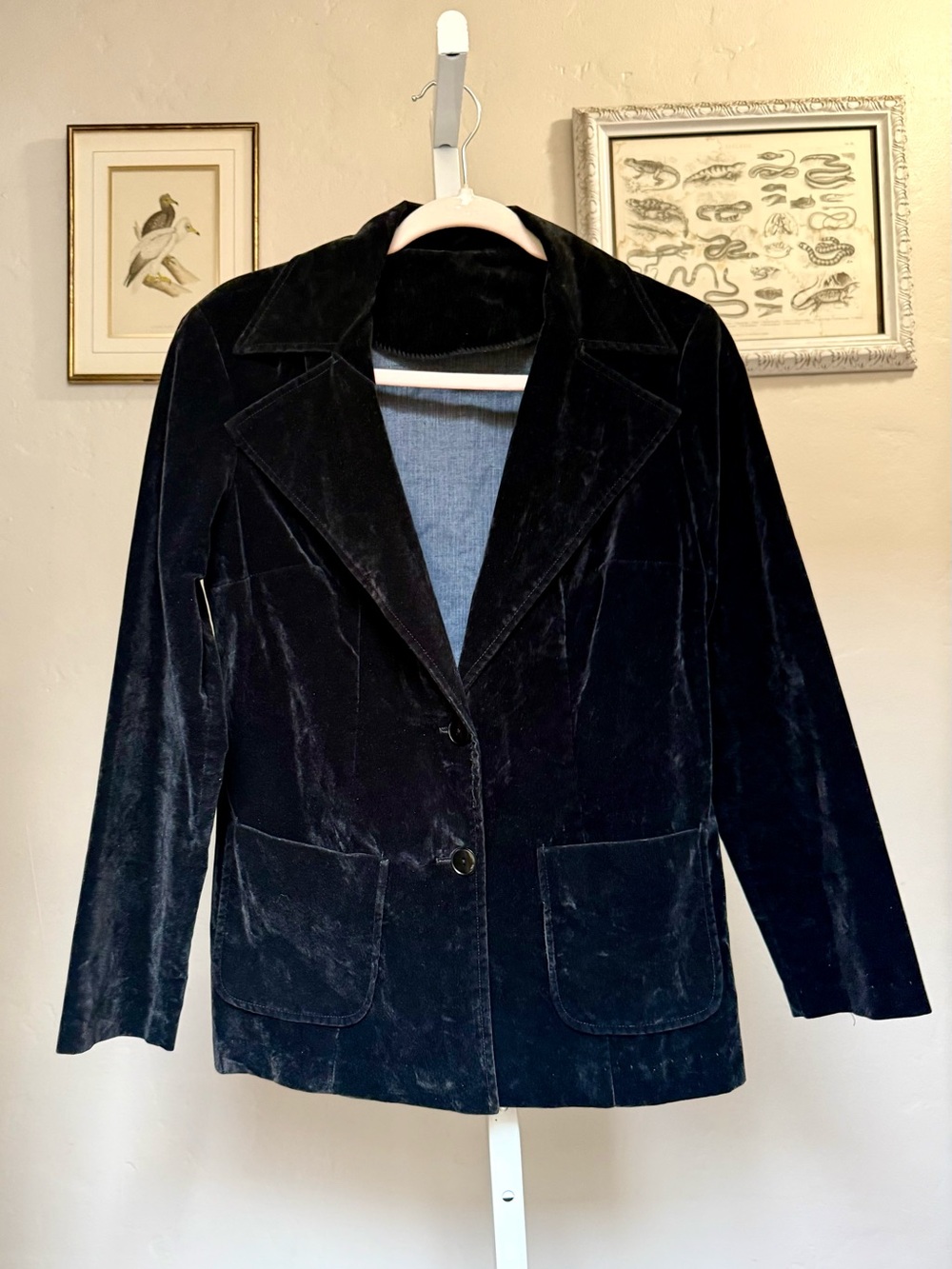 70s Vintage Black Velvet Blazer Jacket Classic Tailored Coat Collar S/M